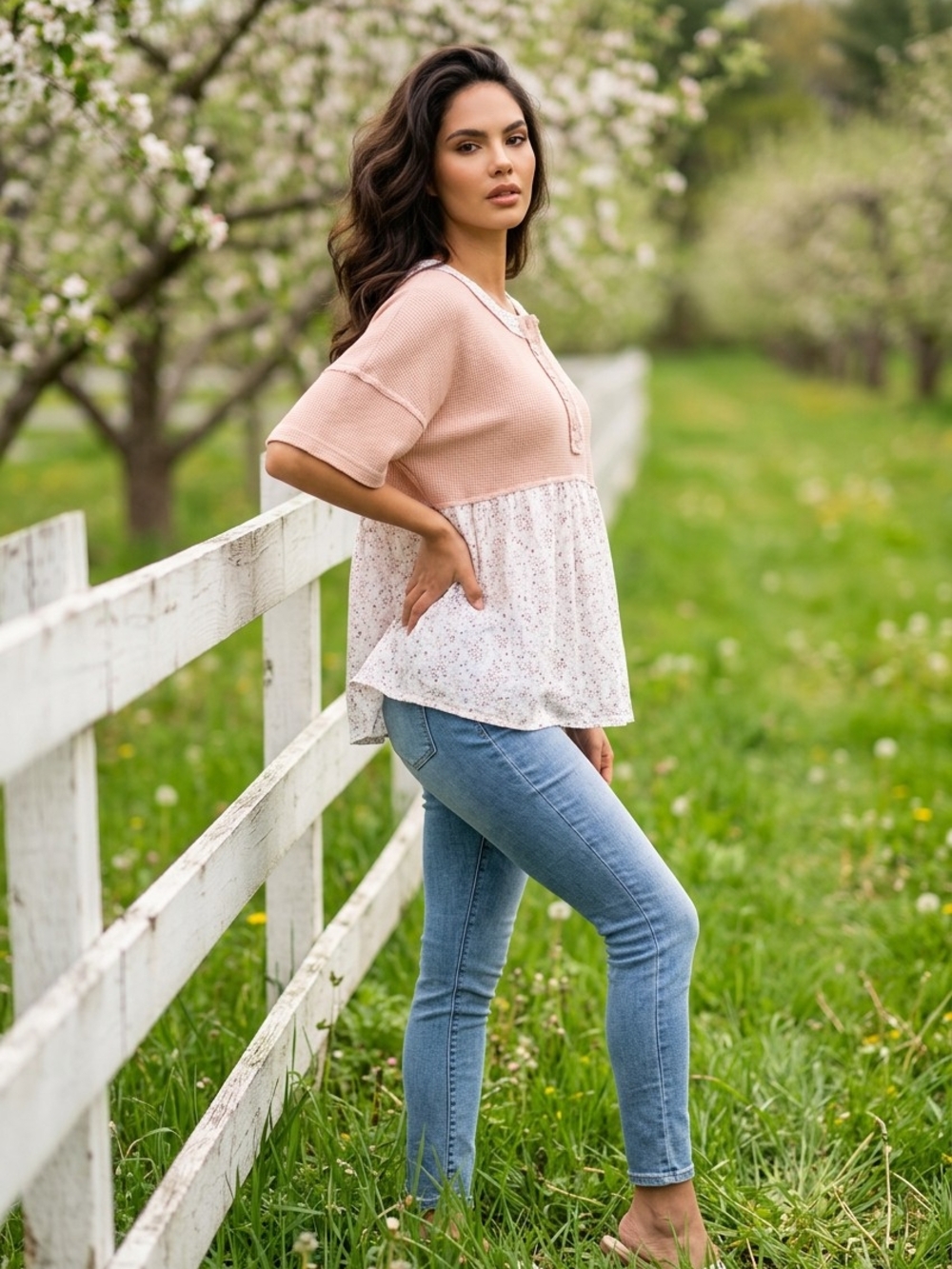Waffle Knit Pink Mixed-Print Peplum Top - Picture 10 of 12